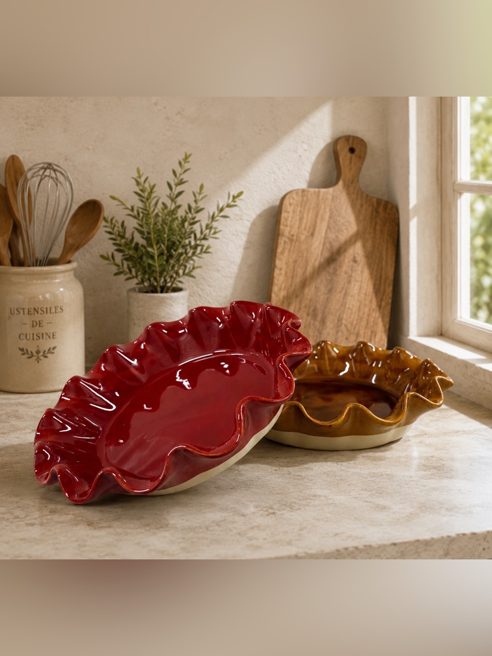 Emile Henry France 61.87 Ruffled Pie Dishes Set of 2 Red Brown Ceramic
